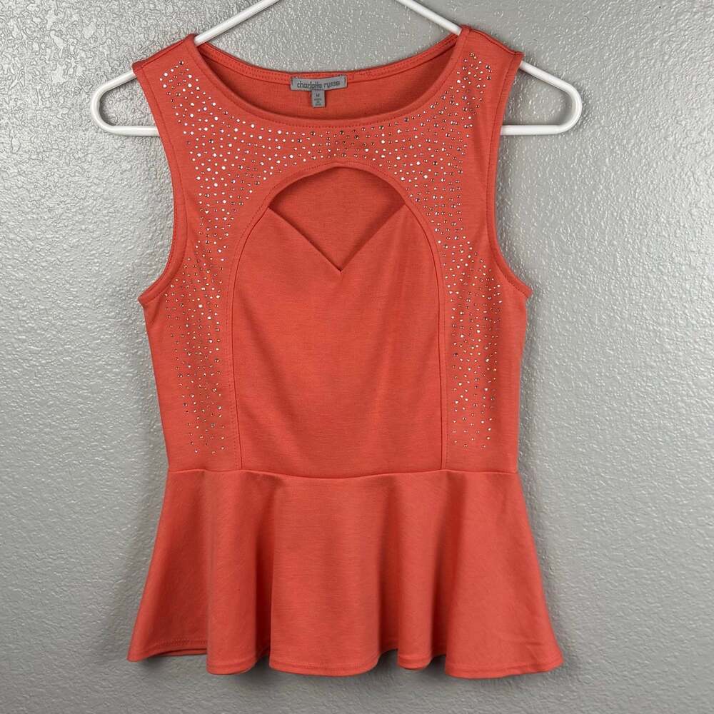 Charlotte Russe Size M Rhinestone Coral Orange Pink Peplum Style Sleeveless Top